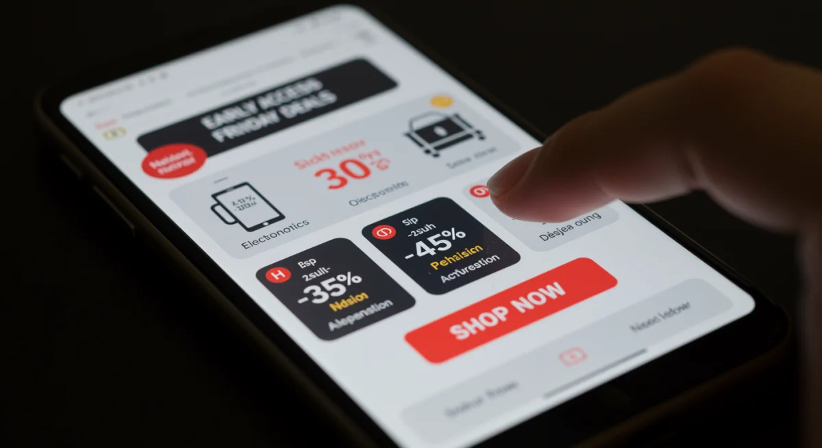 Pessoa segurando um smartphone com notificação de acesso antecipado a ofertas da Black Friday de uma loja brasileira.