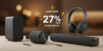 Não Perca: Aparelhos de Som com 27% OFF em Junho de 2025 Três aparelhos de som em destaque com selo de 27% OFF e indicação de ofertas relâmpago de junho de 2025, simbolizando economia e qualidade.