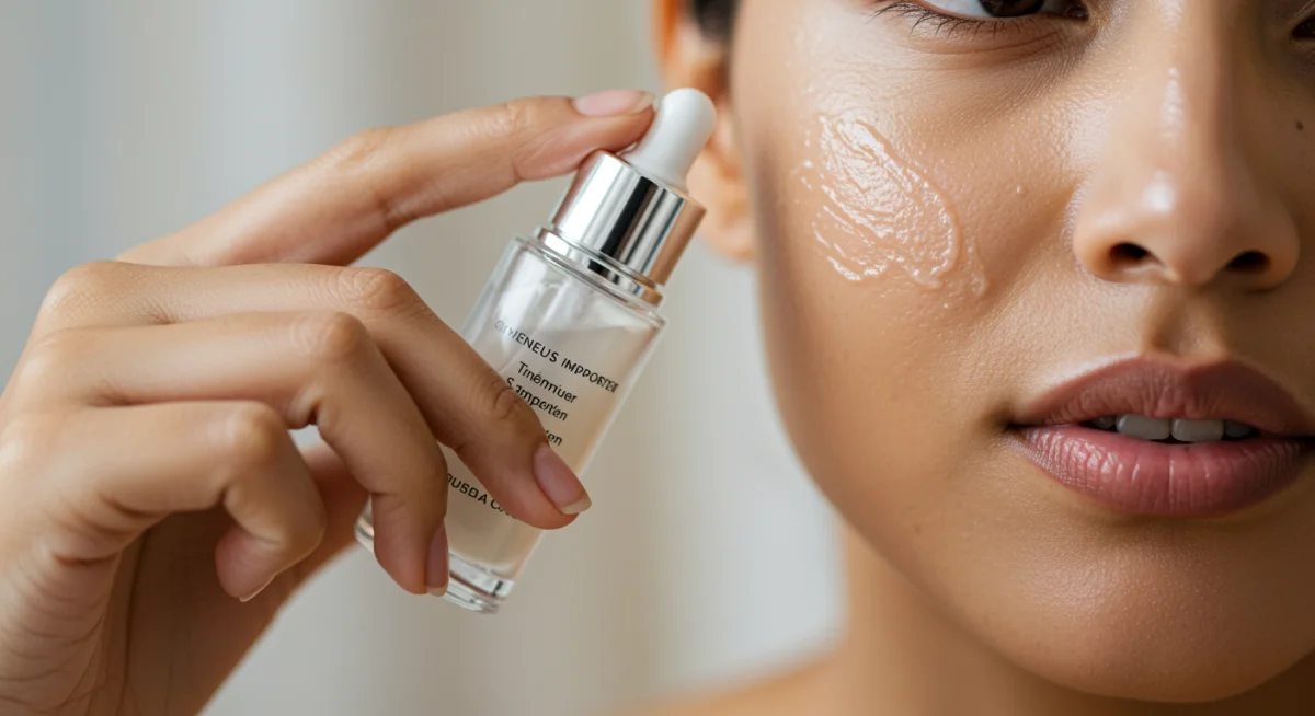 Pessoa aplicando sérum facial importado, demonstrando a textura luxuosa e o cuidado com a pele.