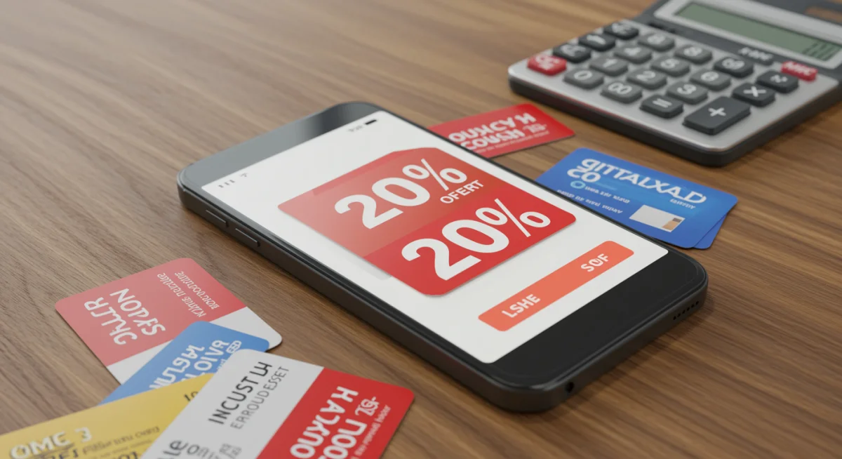 Tela de smartphone com aplicativo de fidelidade de supermercado e desconto de 20%