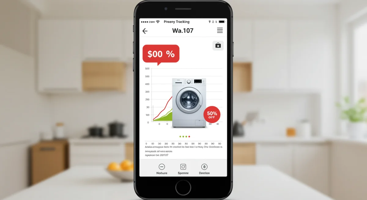 Aplicativo de rastreamento de preços em um smartphone, mostrando uma promoção de máquina de lavar.