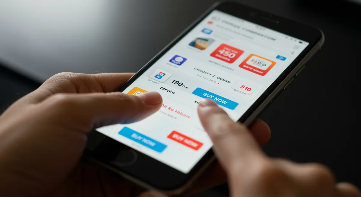 Tela de smartphone exibindo aplicativo de comparação de preços com ofertas de diferentes lojas online.