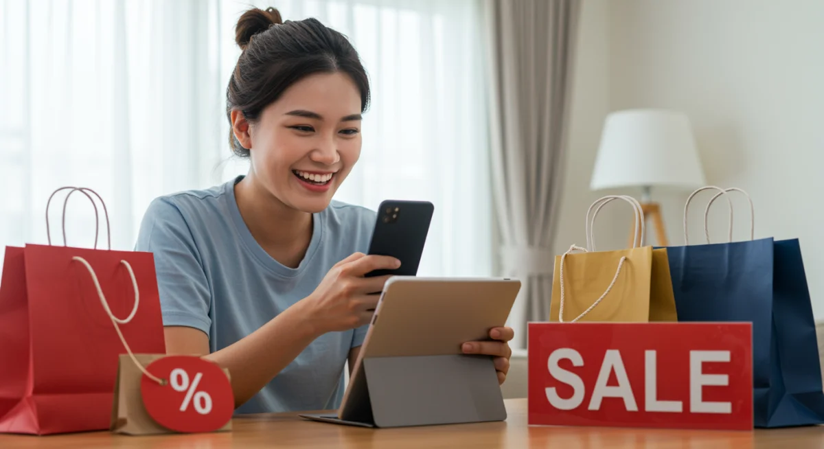 Pessoa feliz aproveitando ofertas relâmpago online em seu tablet, com sacolas de compras ao redor.