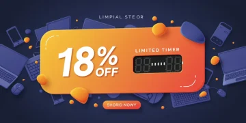 Banner digital vibrante com alerta de desconto de 18% em produtos de informática, destacando a urgência da oferta por tempo limitado em junho.