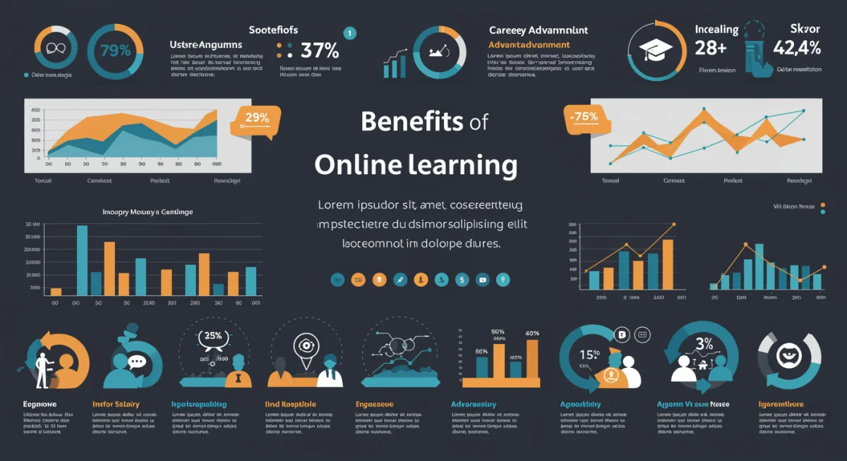 Infográfico detalhando benefícios do aprendizado online e do desenvolvimento profissional.