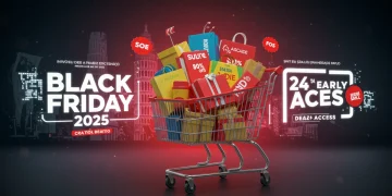 Carrinho de compras cheio e telas digitais com "Black Friday 2025" e "Acesso Antecipado", representando a Black Friday no Brasil.