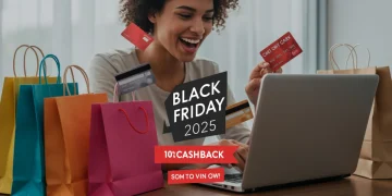 Pessoa sorrindo usando notebook para compras online na Black Friday 2025, com cartões de crédito e sacolas de compras, destacando 10% de cashback.