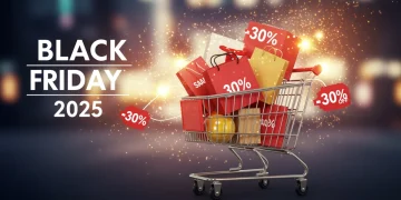 Carrinho de compras cheio com produtos em promoção e o selo Black Friday Brasil 2025, simbolizando grandes economias.