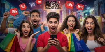 Pessoas animadas e sacolas de compras em um cenário vibrante de Black Friday no Brasil, com ícones de desconto e elementos digitais.