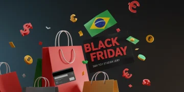 Pessoas comprando online e em lojas físicas durante a Black Friday 2025 no Brasil, com ícones de inflação e descontos.