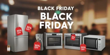 Eletrodomésticos modernos com etiquetas de desconto de 35% em um ambiente de compras festivo de Black Friday no Brasil.