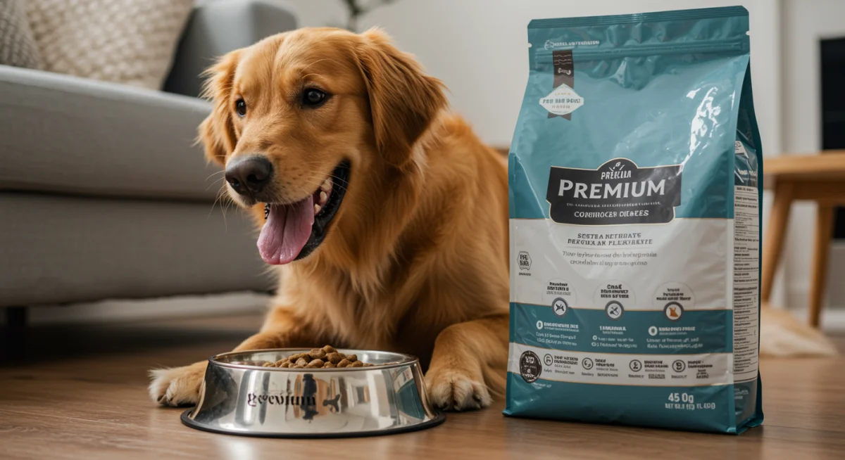 Cachorro feliz comendo ração premium em oferta relâmpago de maio de 2025.