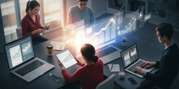 Pessoas diversas estudando em laptops e tablets, simbolizando aprendizado online e capacitação profissional.