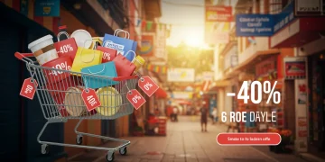 Pechinchas de última hora: até 40% de desconto no Brasil em 2025 Carrinho de compras cheio de produtos com grandes descontos, simbolizando pechinchas de última hora no Brasil em 2025.