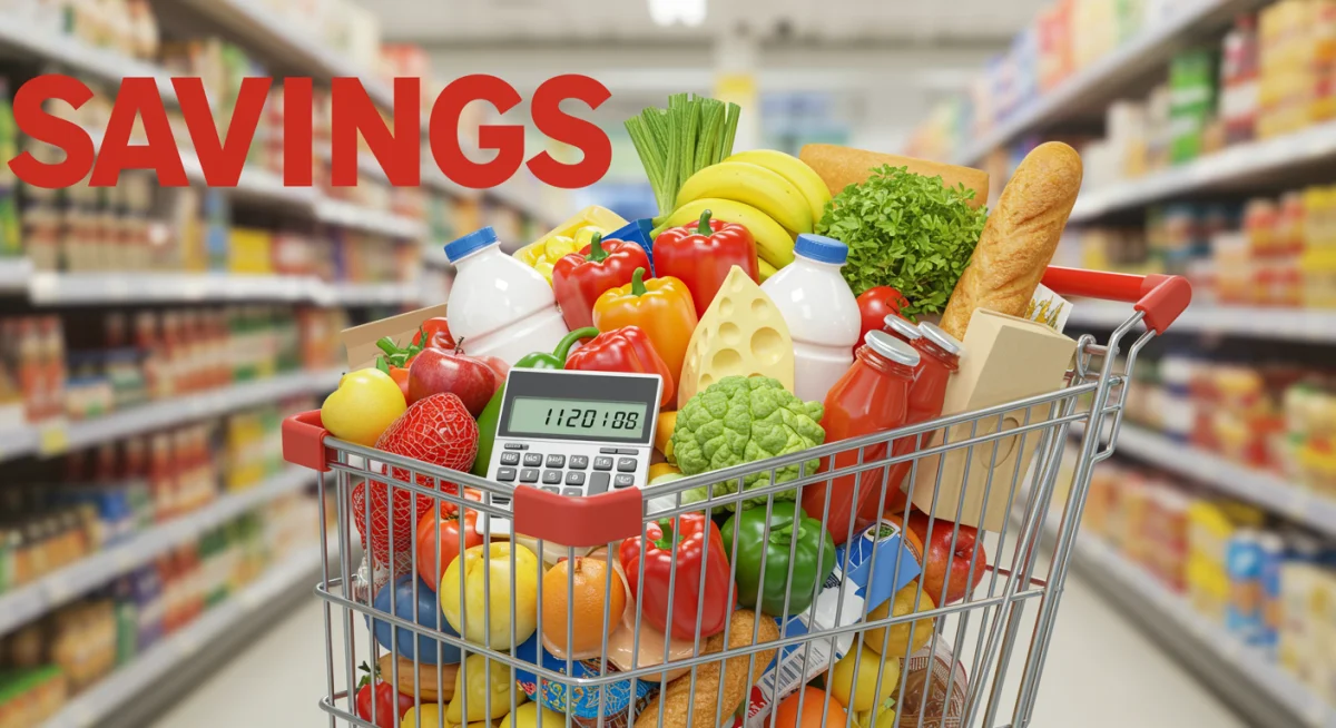 Carrinho de compras cheio de produtos com calculador mostrando economia, simbolizando compras inteligentes.