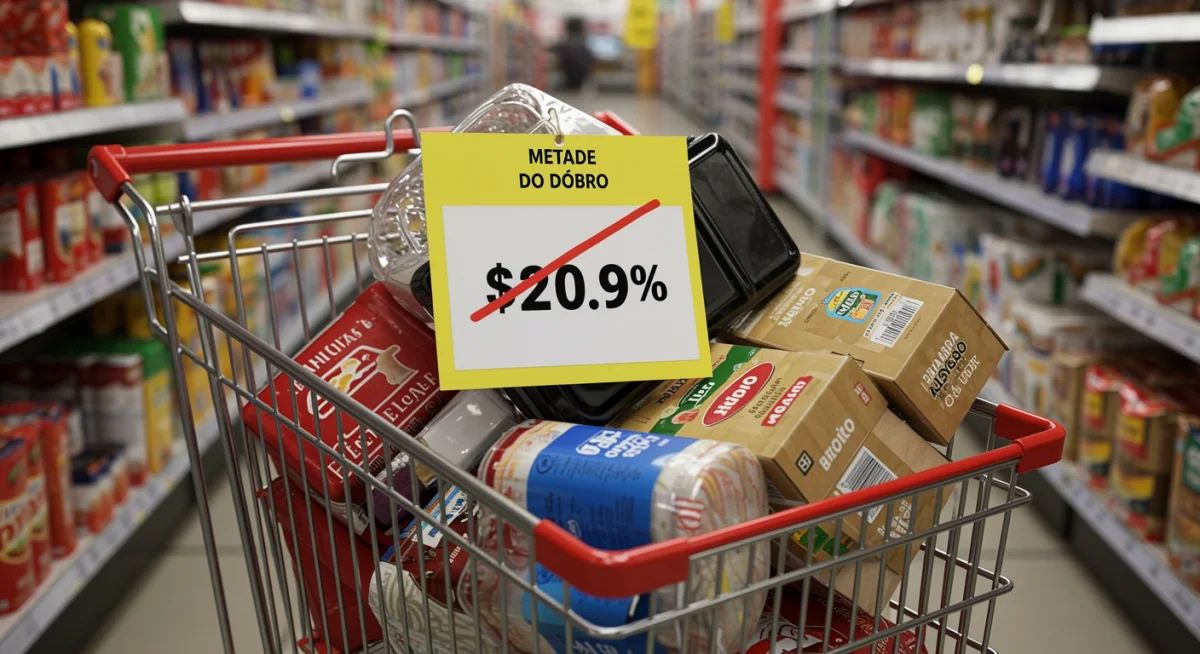 Carrinho de compras com produtos e uma etiqueta de preço indicando 'metade do dobro' em uma falsa promoção.