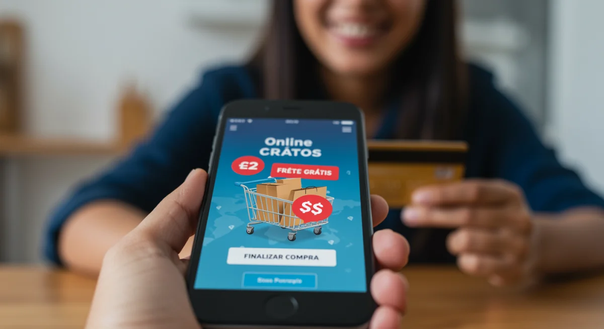 Tela de celular mostrando carrinho de compras online com frete grátis na Black Friday 2025.