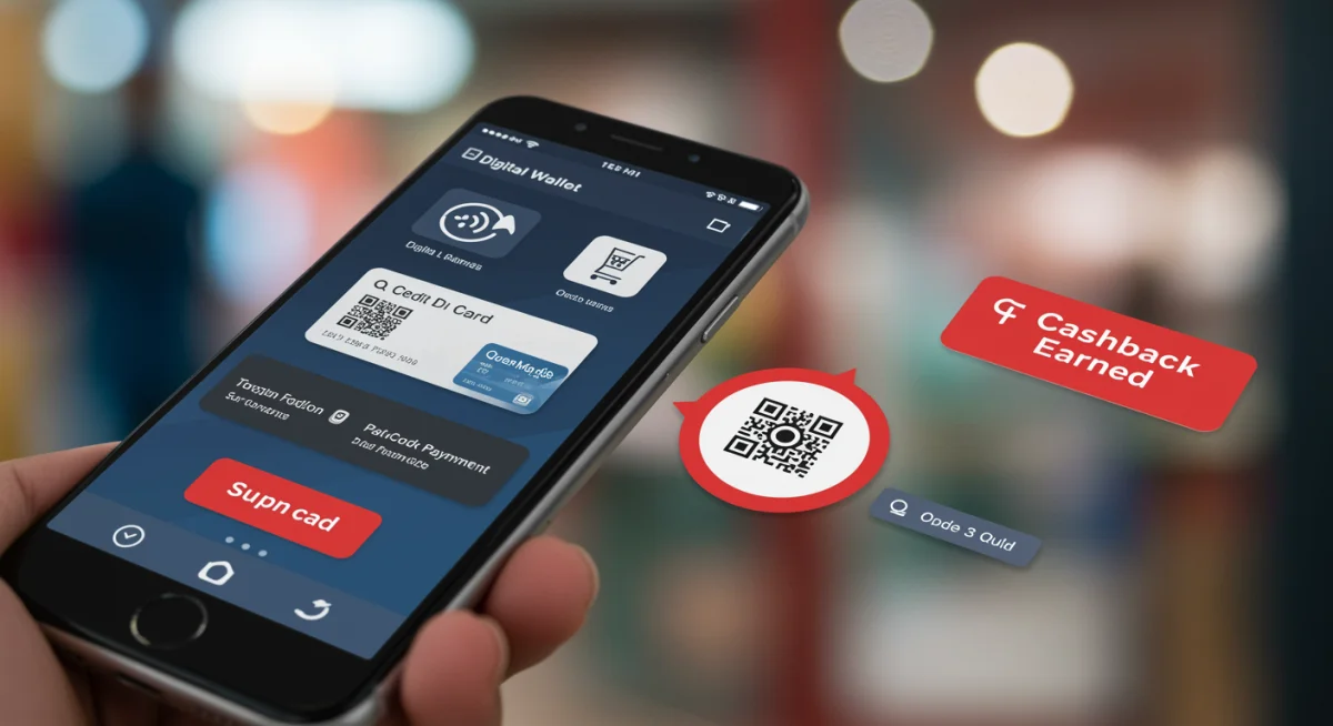 Tela de smartphone exibindo aplicativo de carteira digital com opções de pagamento e notificação de cashback ganho.
