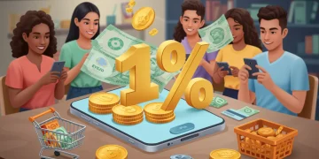 Ilustração digital de moedas e notas se transformando em 12% sobre um celular com carrinho de compras, com pessoas comprando ao fundo, simbolizando cashback.