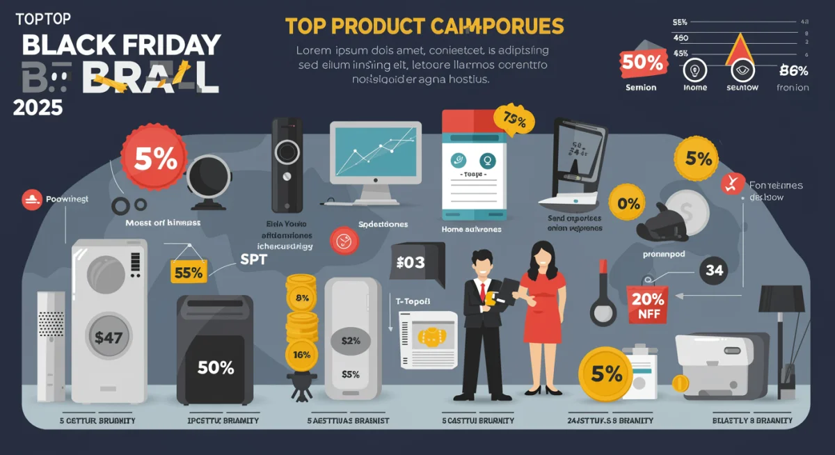 Infográfico com as categorias de produtos mais procuradas na Black Friday Brasil 2025, como eletrônicos, eletrodomésticos e moda.