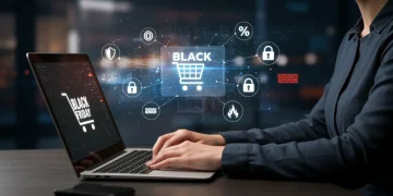 Pessoa comprando online com segurança, protegida por elementos de cibersegurança durante a Black Friday.