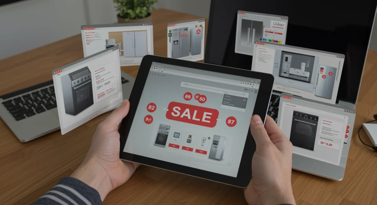 Pessoa pesquisando e comparando preços de eletrodomésticos online em um tablet para a Black Friday.