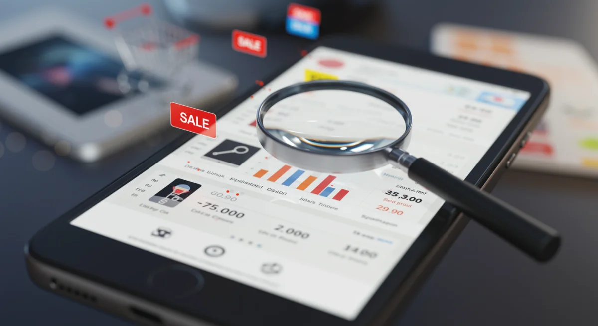 Tela de smartphone exibindo comparação de preços e especificações de gadgets, com lupa destacando uma oferta.