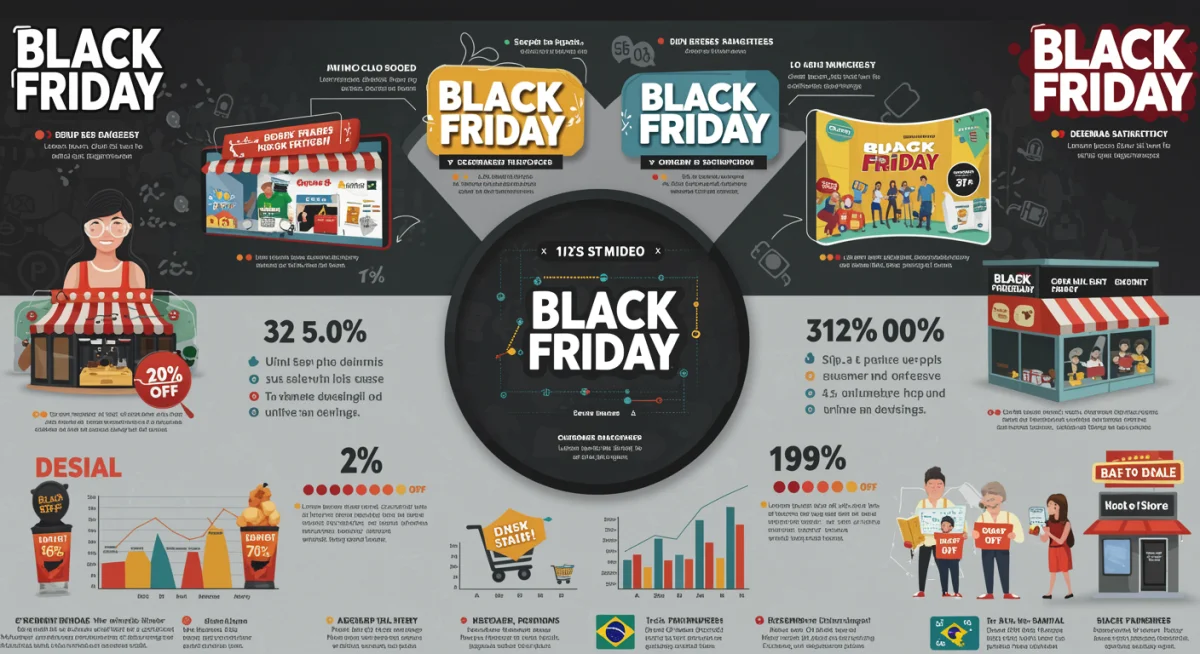 Infográfico comparativo das melhores lojas online para a Black Friday Brasil 2025, destacando categorias de produtos e avaliações de clientes.