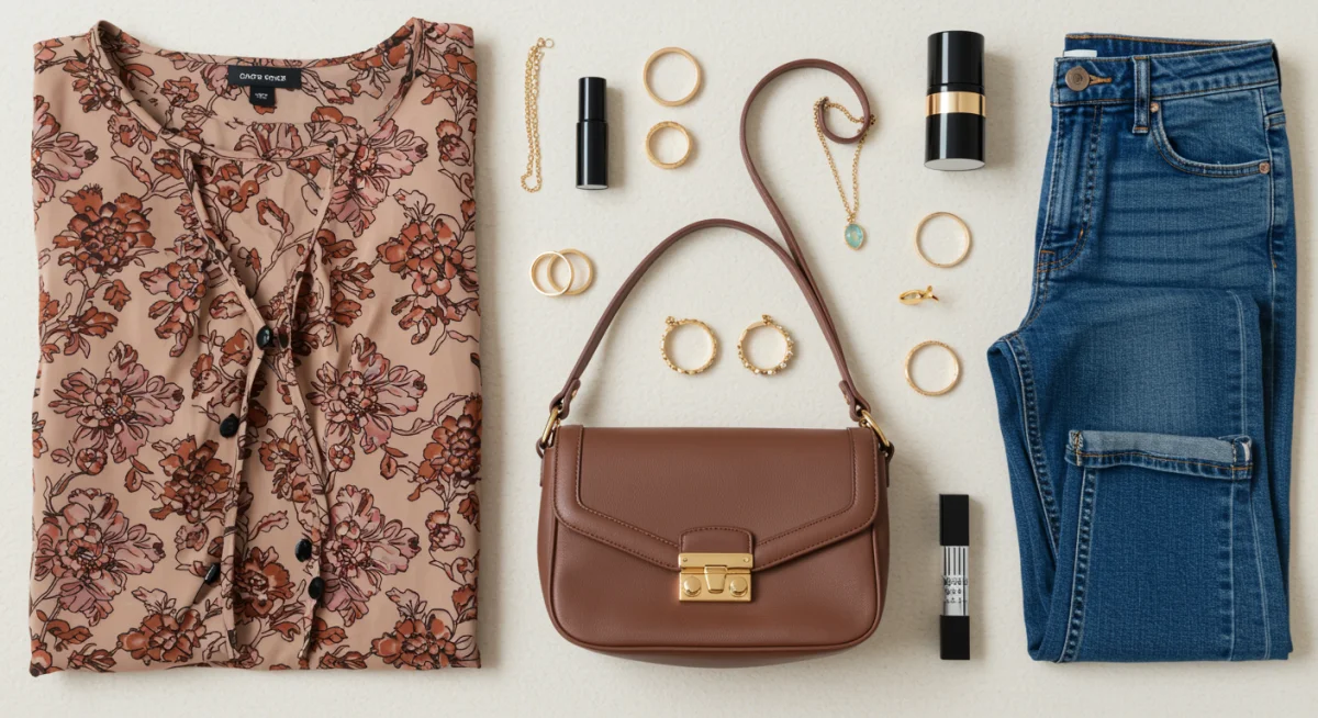 Composição de roupas e acessórios femininos em um fundo claro