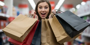 Pessoa feliz segurando várias sacolas de compras da Black Friday Brasil 2025