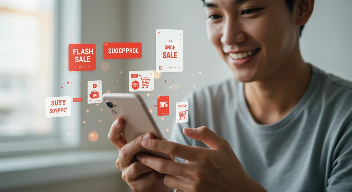 Pessoa sorrindo enquanto navega em aplicativos de compras no smartphone, aproveitando ofertas relâmpago e descontos online.