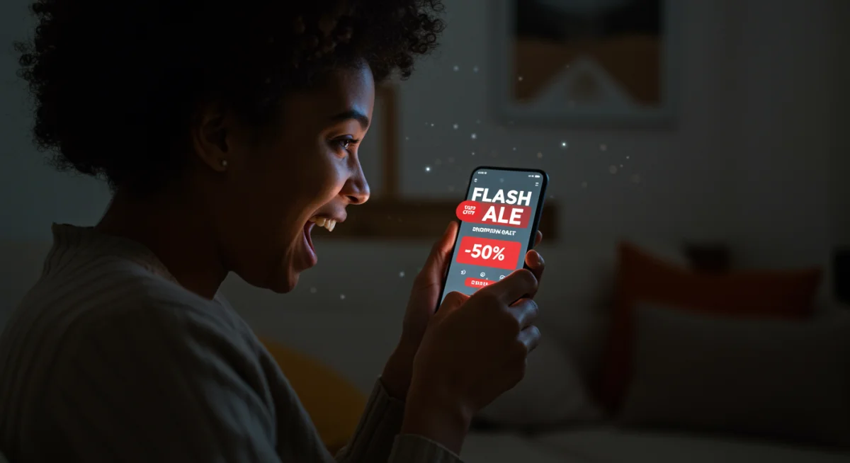 Pessoa feliz aproveitando oferta relâmpago de celular em aplicativo de compras online.