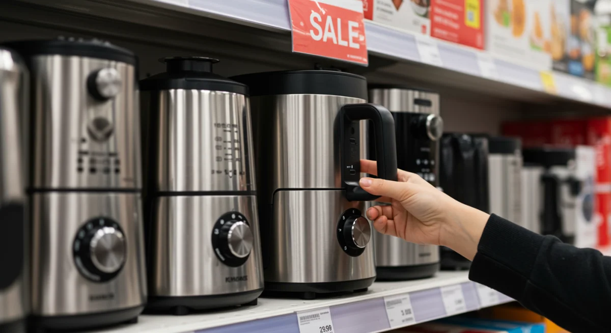 Mão pegando um eletrodoméstico de cozinha novo em prateleira de loja, com faixas de promoção ao fundo.