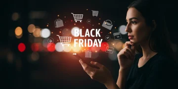 Pessoa comprando online com smartphone, cercada por ícones de carrinho de compras e produtos, em meio a luzes vibrantes da Black Friday, simbolizando compras inteligentes e seguras.