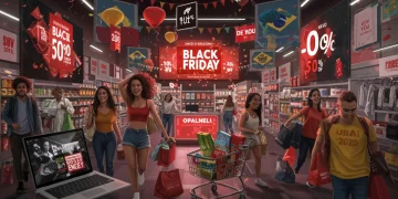Pessoas comprando online e em lojas físicas na Black Friday Brasil 2025, com telas mostrando ofertas e descontos.