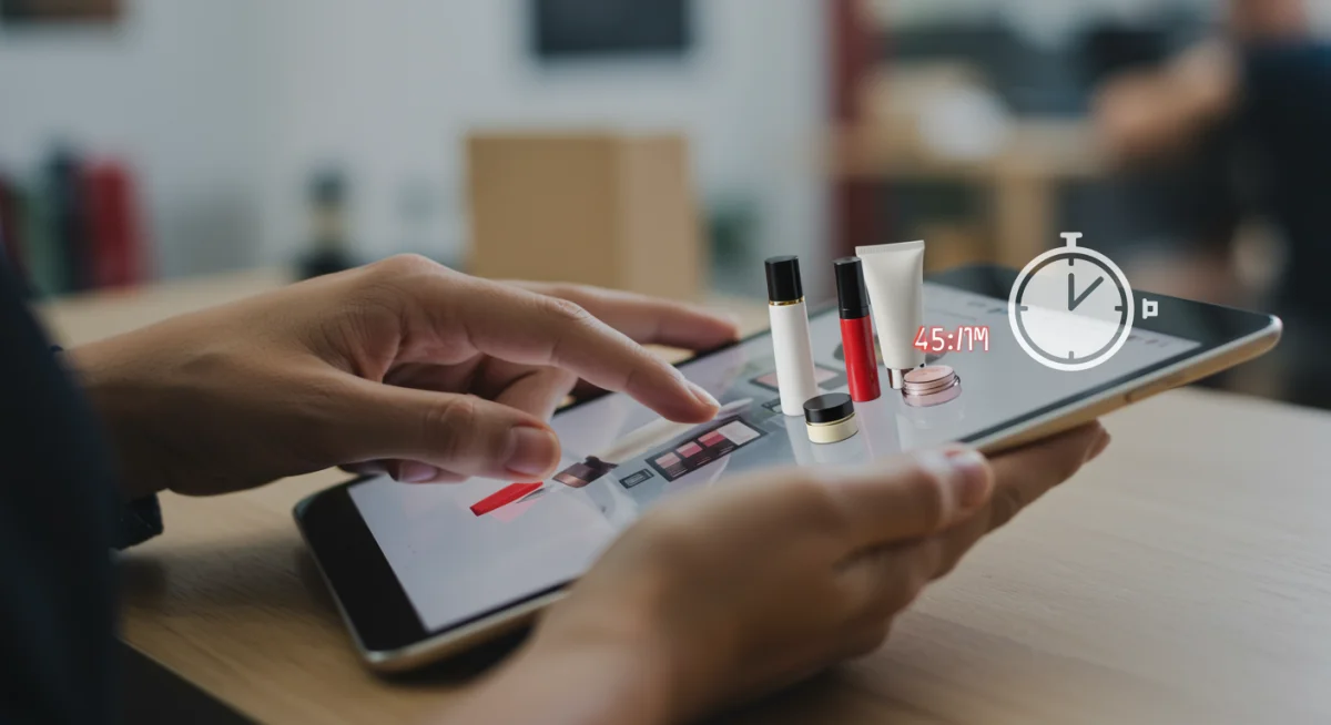 Pessoa comprando cosméticos em oferta relâmpago através de um dispositivo móvel, simbolizando a agilidade necessária.