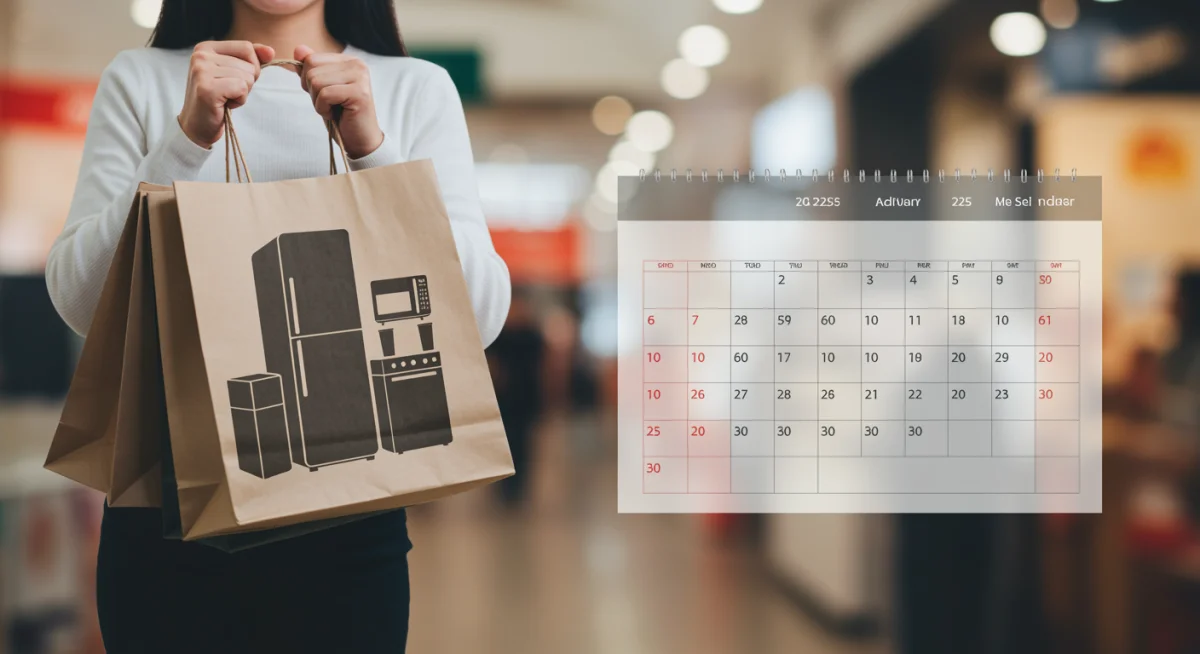 Pessoa feliz com sacola de compras de eletrodomésticos em frente a um calendário de promoções.