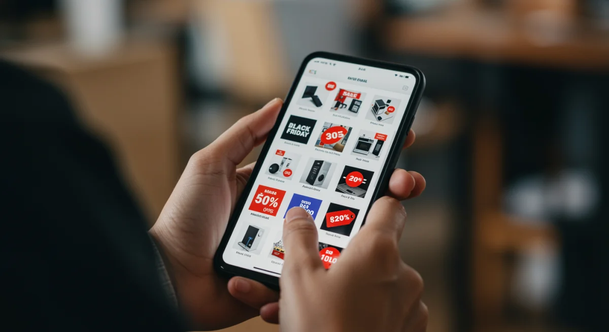 Mãos segurando um smartphone, navegando por ofertas da Black Friday 2025 em uma loja online, com foco em eletrônicos e outros produtos.