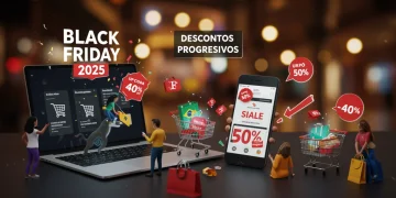 Pessoas comprando online com descontos progressivos na Black Friday Brasil 2025, com carrinho de compras cheio e banner promocional.