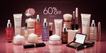 Cosméticos premium em oferta relâmpago com 60% de desconto e validade de 24 horas, apresentados em uma vitrine luxuosa.