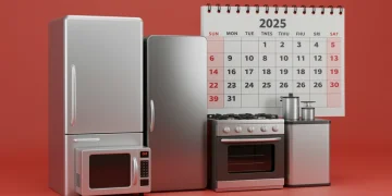 Cozinha moderna com eletrodomésticos novos, simbolizando economia em compras planejadas.