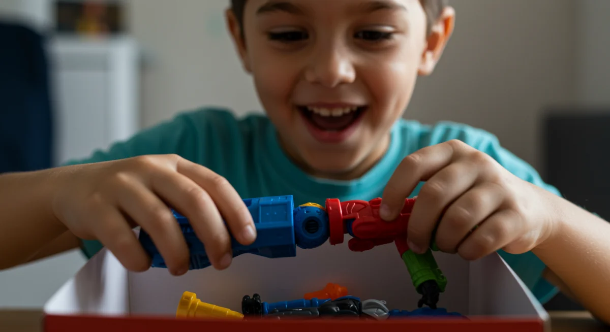 Criança feliz abrindo um brinquedo novo com entusiasmo, mostrando a alegria de receber um presente especial.