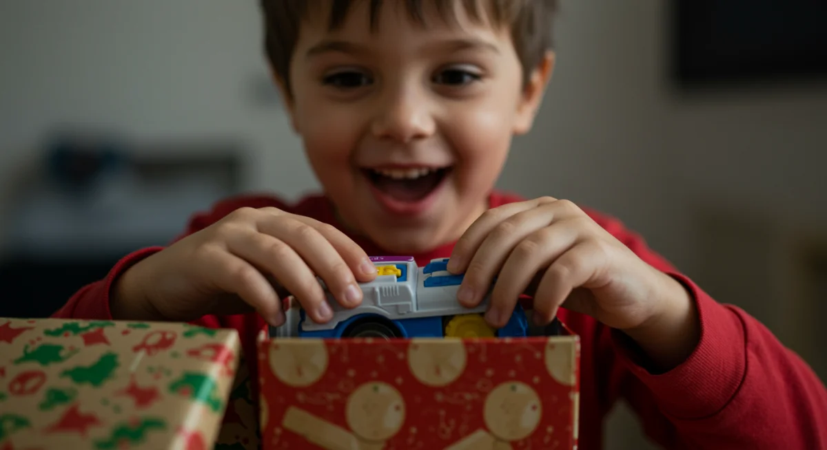 Criança feliz abrindo presente de brinquedo de marca famosa