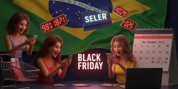 Pessoas animadas com smartphones e notebooks, visualizando ofertas e um calendário de 2025, simbolizando o cronograma da Black Friday.