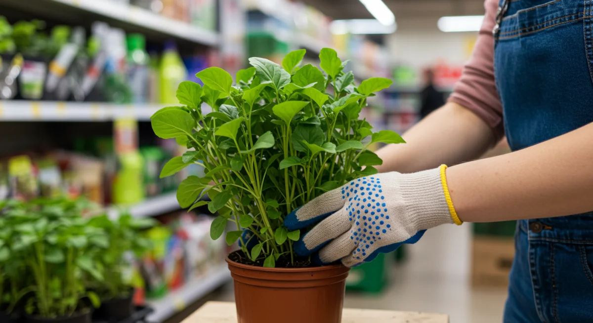 Mãos de jardineiro com luvas cuidando de uma planta em vaso, com produtos de jardinagem em exposição ao fundo.