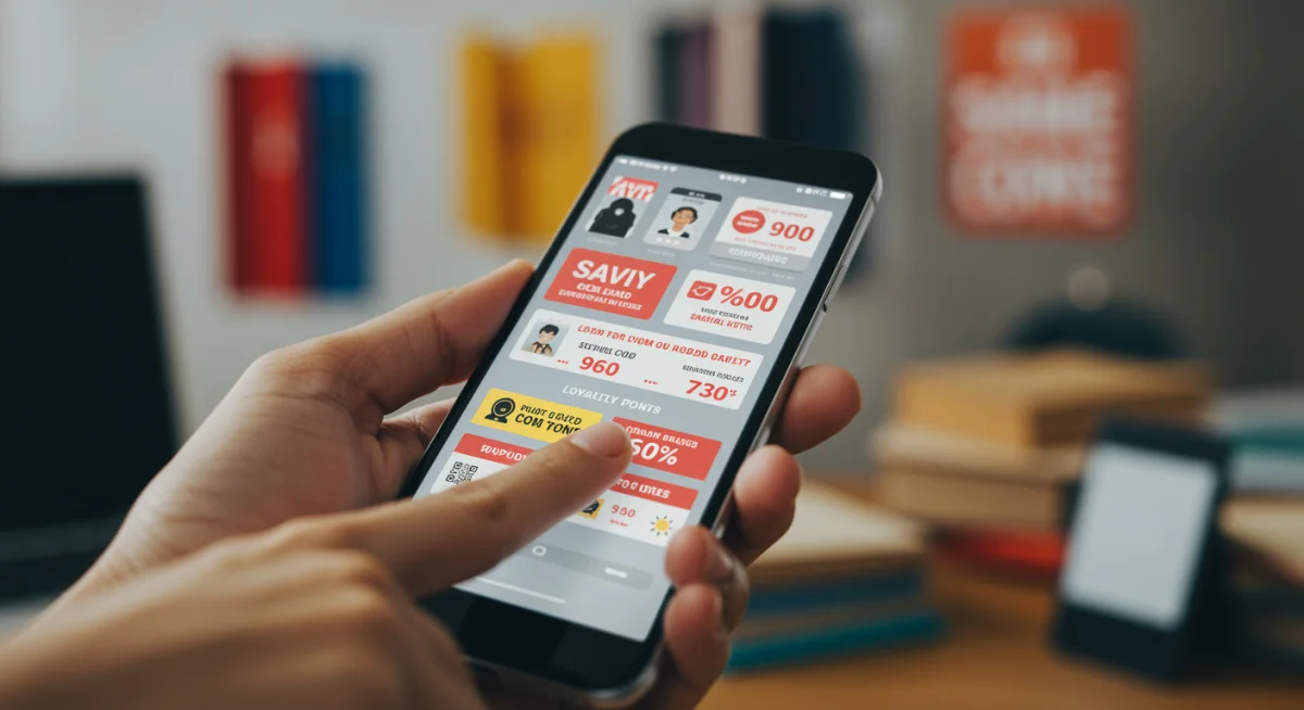 Tela de smartphone com cupons de desconto e pontos de fidelidade para compras online.