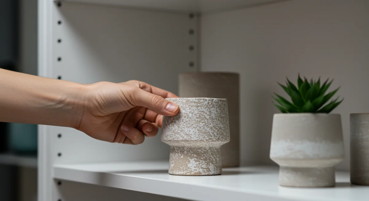 Mão colocando item de decoração elegante em prateleira, simbolizando achados com desconto.