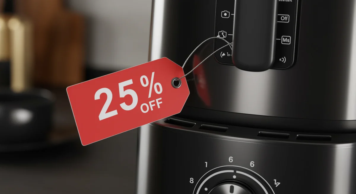 Eletrodoméstico de cozinha moderno com etiqueta de 25% de desconto, representando a economia e funcionalidade para o lar.