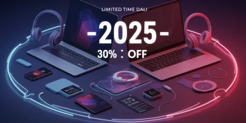 Diversos eletrônicos modernos com fundo futurista e selos de desconto de 30% ou mais para 2025, simbolizando ofertas relâmpago.