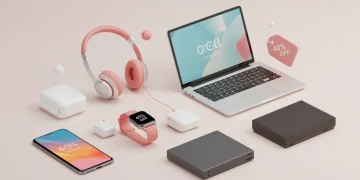 Variedade de eletrônicos modernos em promoção, incluindo smartphone, laptop, fones de ouvido e smartwatch, com indicação de até 40% de desconto.